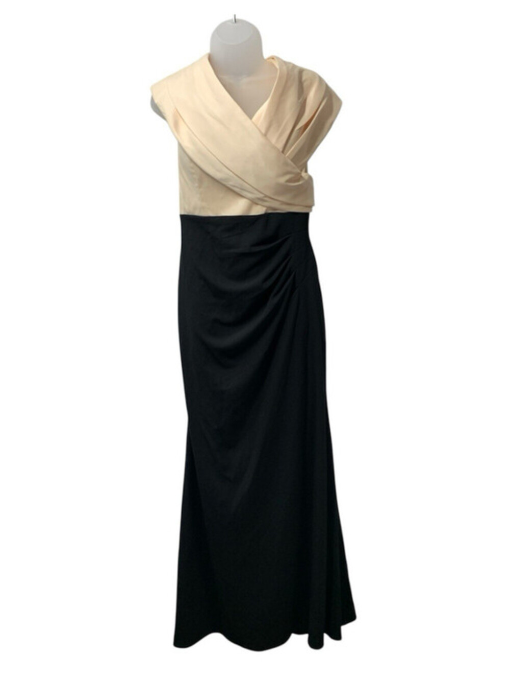 Betsy & Adam Off Shoulder Gown 8 Champagne Black Mikado Pleated Empire Size 16